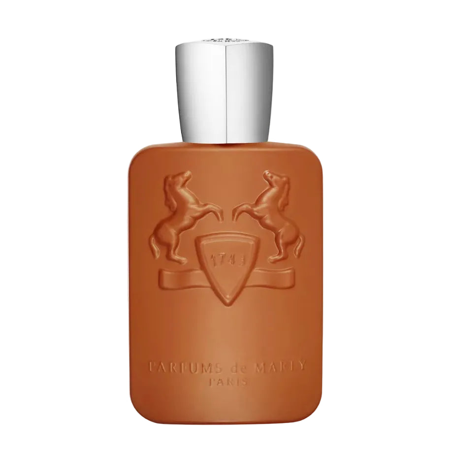 Brown perfume bottle with silver cap on a white background
