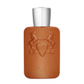 Brown perfume bottle with silver cap on a white background